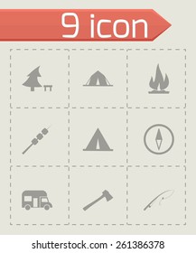Vector black camping icon set on grey background.