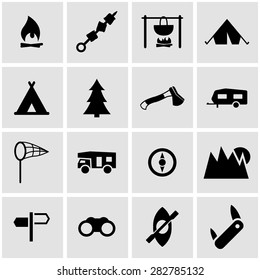 Vector black camping icon set on grey background