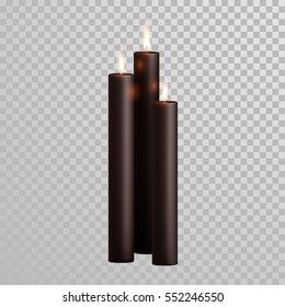 Vector black candles with burning flames of black wax paraffin 