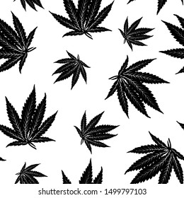 Vector black vector cannabis leaf seamless pattern on white background