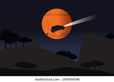 Vector Black Car Driving On The Local Road On Dark Forest  And Big Red Moon. Holloween Background