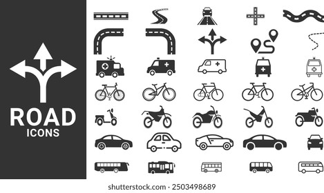 Vector black car road icons set. Containing street, traffic light, signpost, Bending road, highway or roadway vector illustration.