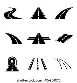 Vector Black Car Road Icons Set. Highway Symbols. Road Signs