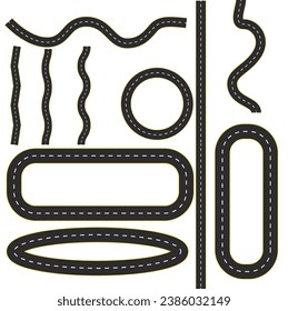 Carretera negra vectorial. Señales de carreteras. El camino hacia el horizonte en perspectiva. Iconos infográficos de la línea de tiempo de la hoja de ruta comercial diseñados para la plantilla de fondo abstracta. concepto vectorial aislado de línea vacía