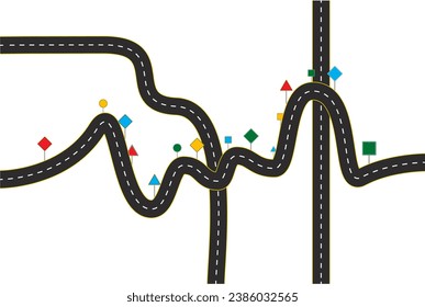 Carretera negra vectorial. Señales de carreteras. El camino hacia el horizonte en perspectiva. Iconos infográficos de la línea de tiempo de la hoja de ruta comercial diseñados para la plantilla de fondo abstracta. concepto vectorial aislado de línea vacía