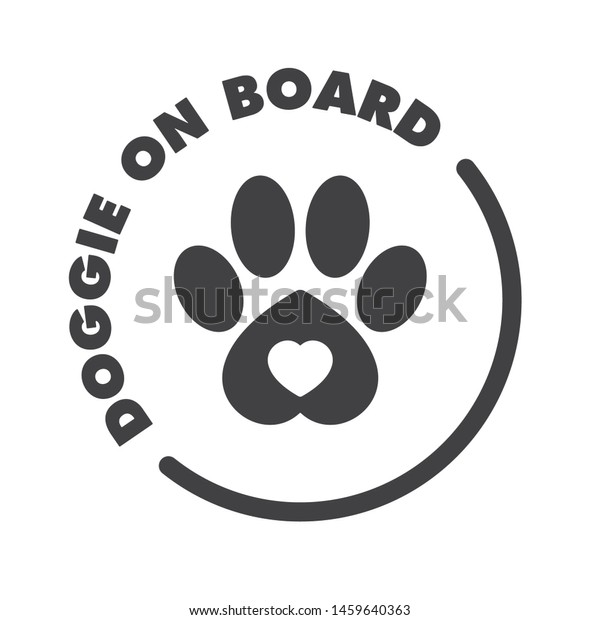 Vector black car stickers\
dog footprint with text: Doggie on Board. isolated on white\
background.