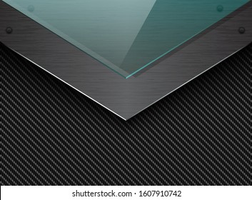 Vector black carbon fiber background with corner brushed metal plate and green transparent glass. Industrial elegant arrow design illustration