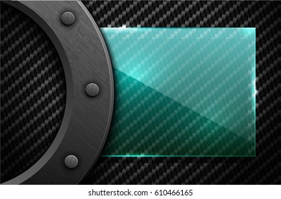 Vector black carbon fiber background with dark grunge metal ring and rivet. Scratched riveted surface heavy industrial design illustration