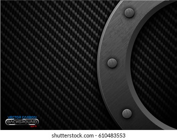 Vector black carbon fiber background with dark grunge metal ring and rivet. Scratched riveted surface heavy industrial design illustration