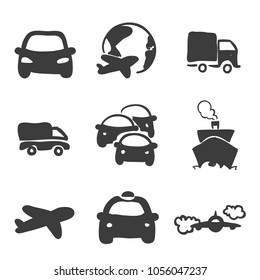 vector black cartoon collection of transport icons set isolated on white background