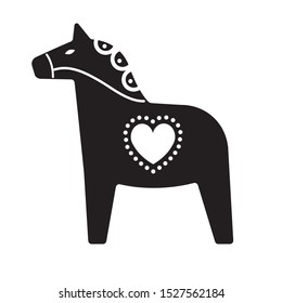 Vector black cartoon flat Scandinavian Swedish dala horse with ornaments  isolated on white background
