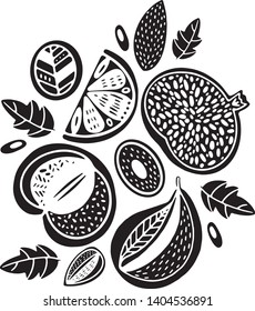 Vector black cartoon fruit-pomegranate, lemon, lime, pear, apple and almond isolated on white background. Great for fabric, textile, wrapping paper and card. 