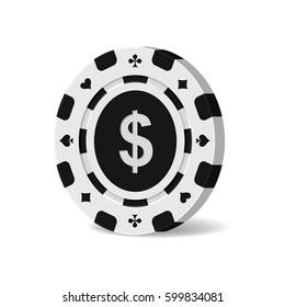 Vector black casino chip with dollar sign isolated on white background.
