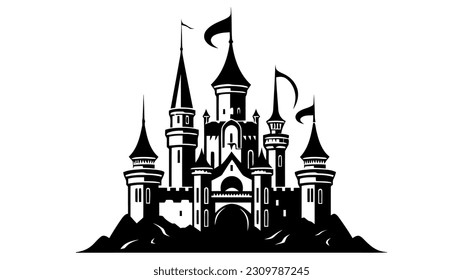 Vector black castle icon, logo. Vector illustration isolated on white background.