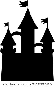 Silhouette de castillo negro vectorial. Fantástica sombra medieval en el palacio. Ilustración de cabaña de cuento de hadas para niños. Icono de la casa mágica de dibujos animados aislado en fondo blanco
