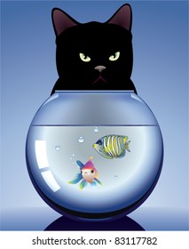vector black cat and aquarium with fishes
