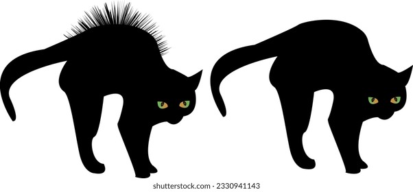 Vector black cat with arched back and glowing green eyes. Black cat with hair on end. Halloween theme. Cat silhouette with glowing eyes. 