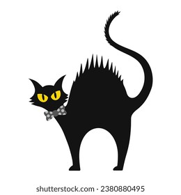 Vector black cat arching back illustration. pet, terror, fear. halloween concept.