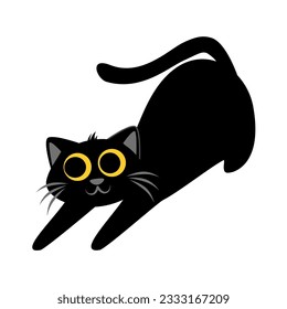 vector black cat baby pandiculation or black cat stretches himself.