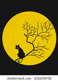 vector of black cat with big yellow eyes, sitting on branch tree with big bright full moon in the dark night sky. 