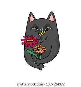 Vector black cat collects and gives flowers. The bee sits on the nose. Cute character design
