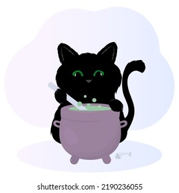 Vector black cat cook in a cauldron potion. Magical character, magic,  potion. Illustration for helloween