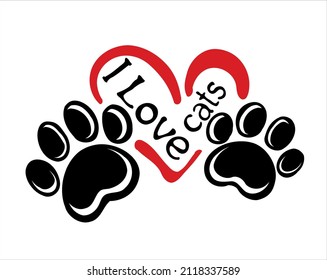 Vector black cat dog puppy pet kitty paws footprints footsteps trails prints silhouette stencil icon drawing in red heart love symbol.Sticker.T shirt print. Cricut plotter laser cutting.I love cats.