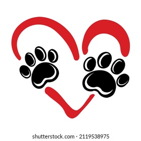 Vector black cat dog puppy pet kitty paws footprints footsteps trails prints silhouette stencil icon drawing in red heart love symbol.Sticker.T shirt print.Cricut plotter laser cutting.I love dogs.DIY