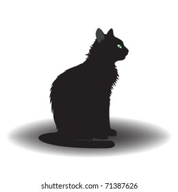Vector black cat green eyes sits face right.