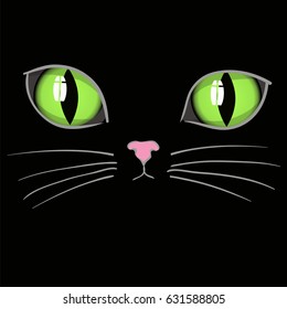 Vector Black Cat Head with Green Eyes. Animal Background