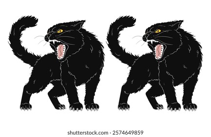 Vector black cat jumps on a white background