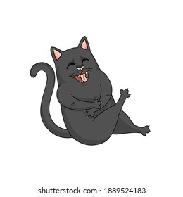 Vector black cat laughs and holds his paws to his stomach. Funny characher design. Humor, fun illustration