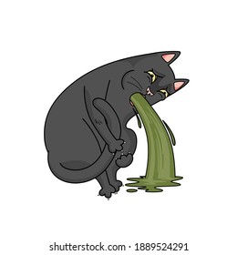 Vector black cat puking. Nausea, vomit. The cat is sick and feels bad. Character design