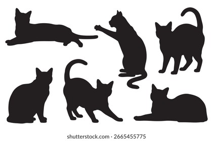 Vector black cat silhouette collection, different positions and tail shapes, clean minimalist design