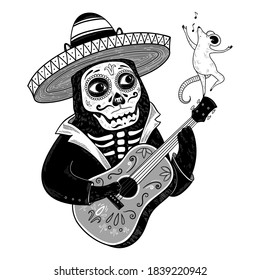 Vector black cat in a sombrero with guitar and singing mouse. Day of the Dead or 'Día de Muertos'. Cute iilustration for poster, card, design, print