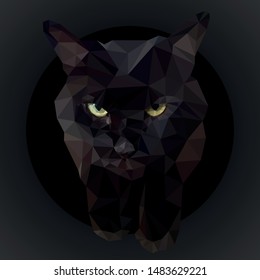 Vector black cat stylized triangle polygonal model. Low poly design.