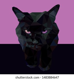 Vector black cat stylized triangle polygonal model. Low poly design.