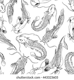 Vector black catfish pattern on white background for wrapping, fabric, postcards