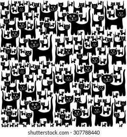 Vector black Cats Pattern Background. 