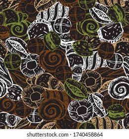 Vector black chalkboard style hand drawn bakery overlapping breads seamless repeat pattern. Suitable for textile, cafe menu design and wallpaper.