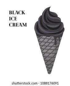 Vector black charcoal ice cream in cone. Modern trend in dessert. Sweet food with coconut ash, activated carbon. Made in cartoon flat style