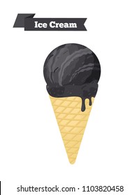 Vector black charcoal ice cream in cone. Modern trend in dessert. Sweet food with coconut ash, activated carbon. Made in cartoon flat style