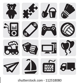 vector black children's toys icon set on gray