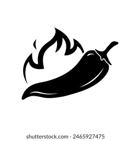 Vector black chili pepper icon on white. Chili pepper flat line icon. Pictogram illustration of hot jalapeno and fire. Black Pictogram for mexican cooking spice. Spicy and hot. Vector illustration