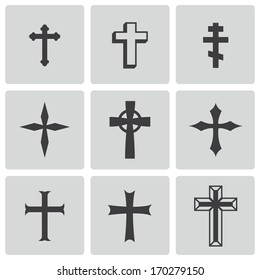 Vector black christia crosses icons set on white background