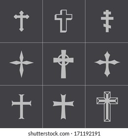 Vector black christian crosses icons set on gray background.