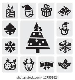 vector black christmas icons set on gray