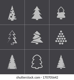 Vector black christmas tree icons set on gray background.