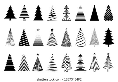 Vector black Christmas tree set. Collection of decorative stylized Christmas tree isolated on white background. Abstract decorations, design elements.