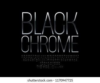 Vector Black Chrome Font. Letras, números y símbolos metálicos delgados y delgados